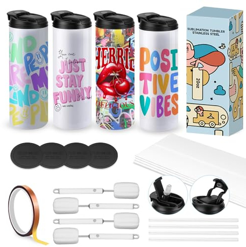 Sublimation Tumbler 20 oz 4 Pack with Lids and Straws, Caffoltgo Insulated Cup Blanks Bulk, Double Wall Stainless Steel Blank Tumblers for Craft Business，Double Drinking spout (4pcs)