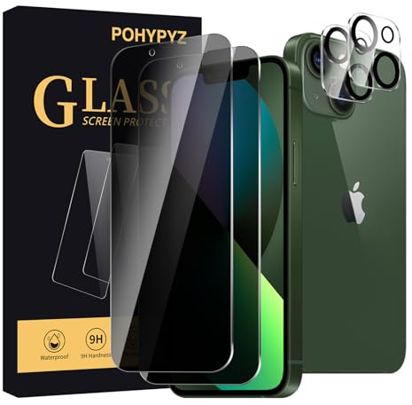 POHYPYZ 2+2Pack Privacy Screen Protector for iPhone 13 Mini，2 Privacy Screen Protector + 2 Camera Lens Protector， Anti-Spy Tempered Glass, 9H hardness，Full Coverage, Case Friendly