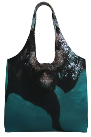 Zouey Einschultrige Canvas-Tasche, Canvas-Tragetasche für Damen, Schultertasche, Einkaufstasche, Schwarzer Labrador Retriever, Schwimmen