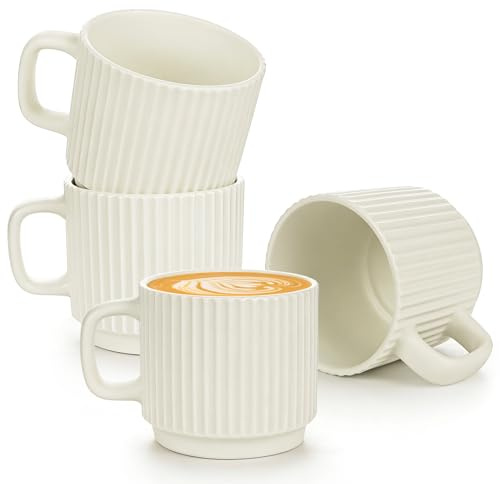 Wieat Stackable Coffee Mugs Set of 4, 200ml Porcelain Coffee Cup with Handle, Espresso Ceramics Cups for Tea Latte Cocoa Cappuccino, Cream Color