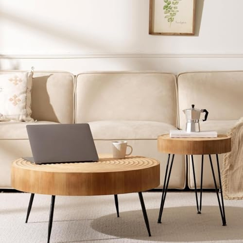 Cagnolier Wohnzimmertisch Rund 2er Set, 2er Couchtisch Runder aus Holz in Form eines Jahresrades, ø77x36cm mit 40x47cm Coffee Table Rund mit Schwarzen Metallbeinen