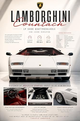 Dekomundo Kunstdruck Sportwagen Poster für Garage Männerhöhle Wohnzimmer Büro | Deko für Autofans | Exklusive Wandbilder, Lamborghini Countach, 40x60 cm