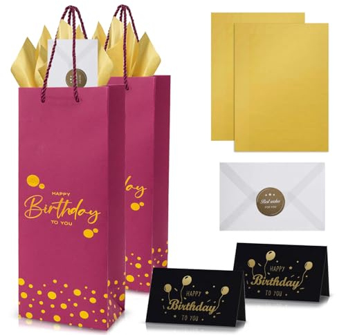 Burgundy Gold Happy Birthday Bottle Bags Wine Carry Bag for Men Women,Kraft Paper Gift Bags for Wine,2pack Wine Bottle Gift Bag with 4 Gold Tissue Paper & 2 Cards for Wines,Whiskey,Spirits,Champagne