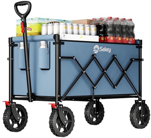 Sekey Bollerwagen Faltbar 120L 100KG 4029 Pro, Leichter Handwagen | Transportwagen klappbar Geländetauglich mit Bremse, Leichter Faltbollerwagen mit Verstellbare Zugstange, Blau