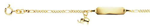JC Schmuck 585 Gold Baby ID-Armband Kinder Goldarmband 14 cm mit Elefant Anhänger Gelbgold I Figaro Armband mit Gravur Taufarmband Namensarmband I Kinderschmuck made in Germany I 5.530524-98