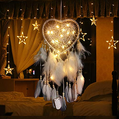 RAILONCH Herz Traumfänger Boho-Stil Handgefertigt LED Licht Wandbehang Romantische Dekoration (Weiß,Mit Lichtern)