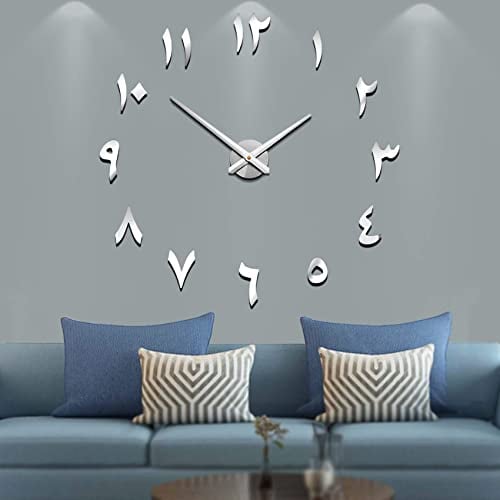Mintime Mute DIY rahmenlose große Wanduhr arabische Ziffern 3D Spiegel Aufkleber Home Office Dekorationen (Silber)