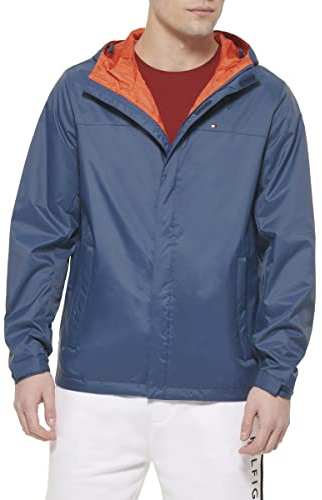 Tommy Hilfiger Men's Lightweight Breathable Waterproof Hooded Rain Jacket Raincoat, Mountain Blue, 2X