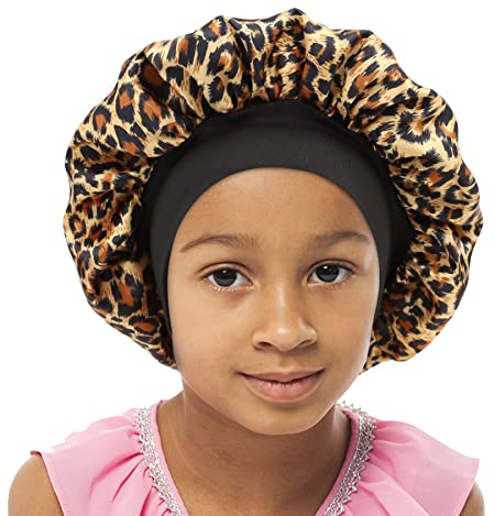SENGTERM Kinder Satin Schlafmütze Jungen Mädchen Doppelschichten Satin Motorhaube seiden Nachtmütze Elastisches Band Satin Bonnet Night Cap für Haare Haarpflege (2-8 Jahre) (Leopard, Einheitsgröße)