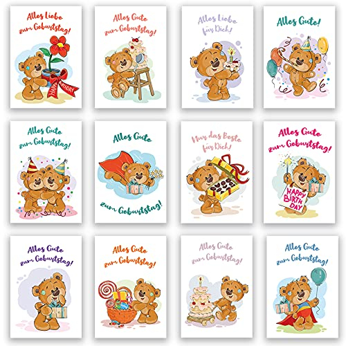 Geburtstagskarten Klappkarten 12er Set mit passenden Umschlägen Glückwunschkarten Geburtstag Alles Gute Happy Birthday Geburtstags Wünsche Liebe Bär Bärchen Kinder Geburtstagskarte (Klappkarte)