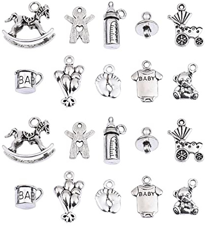 DanLingJewelry Baby-Thema-Anhänger aus Legierung im tibetischen Stil für Schmuckherstellung, Füße, Babyflasche, Schaukelpferd, Teddybär, 10 Stile, 100 Stück
