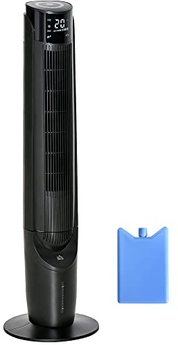 HOMCOM Climatizador Evaporativo 60W Silencioso con Mando a Distancia 3 Velocidades 4 Modos Oscilación 70° Pantalla LED Táctil y Temporizador 12h para Dormitorio Salón 31,5x31,5x107 cm Negro