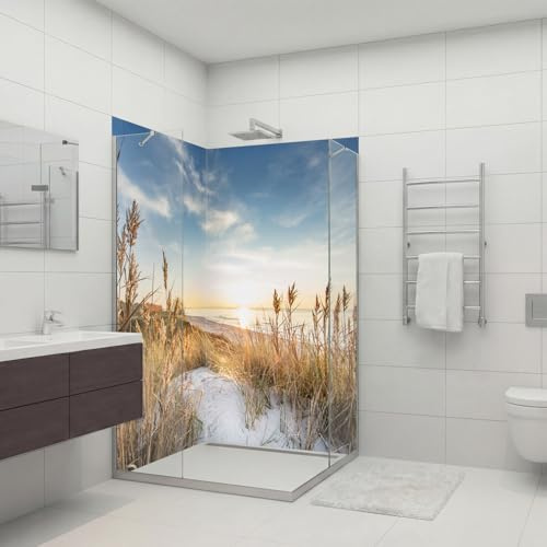 dedeco Eck-Duschrückwand wasserfest Motiv: Dünengras V3, UV-Lack glänzend, 2x 100x200 cm, Badrückwand zum Fliesenersatz, als Dekorwand, Wandverkleidung und Duschplatte aus Aluminium - Made in Germany