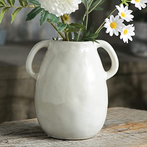 Tanvecle White Ceramic Vase with 2 Handles, Modern Farmhouse Decorative Pottery Flower Vase - 7 Inch Tall