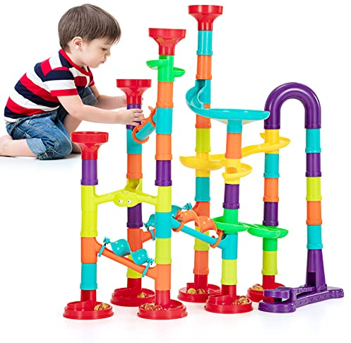 Kugelbahn Mehrfarbige Murmelbahn Marble Run Set, 142Pcs Kinderspiel Bausteine Konstruktionspielzeug mit Bahnelementen und Glasmurmeln für Kinder ab 3 Jahre