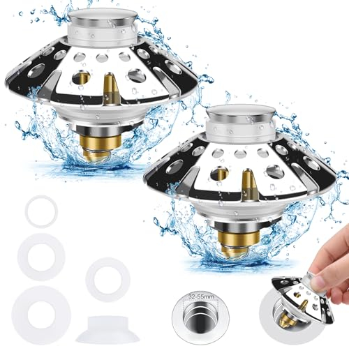 Tapón de Fregadero Universal, Cadrim Tapón de Drenaje Emergente, Tapón de Desagüe del Filtro de Acero Inoxidable con Colador de Pelo para Desagüe del Fregadero de Cocina de Entre 32 y 55mm(2 pcs)