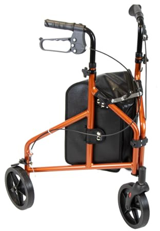 NRS Ultra Lightweight 3 Wheel Rollator with Lockable Brakes, Folding & Height Adjustable with Bag, Aluminium Walking Aid 4.5kg (9.9lbs) – Orange