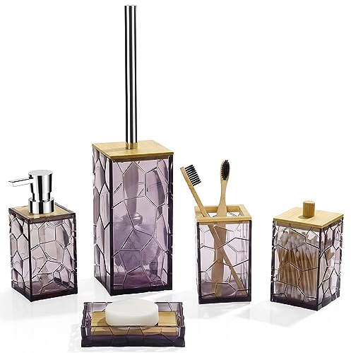 GAHEFY Lavender Purple Badezimmer-Zubehör-Set, Zahnbürstenhalter, Seifenspender, Wattestäbchen-Halter, Seifenschale, WC-Bürste mit Halter, Bambus-Badezimmer-Dekor, Acryl (Lila)