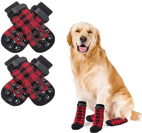 Indoor Anti-Rutsch Socken für Hunde, Hundesocken Anti Rutsch, Antirutschsocken Hund Mit Klettverschluss, Einem Weichen Haustierschutz, Verbessern Sie Den Halt Ihres Hundes, 2 Paar, Schwarz+Rot, (L)