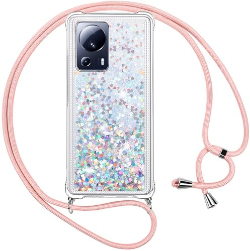 Vauki Funda para Xiaomi 13 Lite 5G con Cuerda,Transparente Silicona Glitter Liquida Colgar Colgante Cristal Suave Carcasa,Brillante Arena Movediza con Cordón Case para Xiaomi 13 Lite,Silver