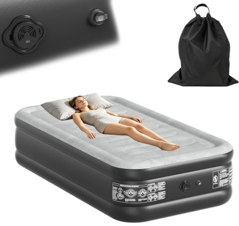 LZQ Luftmatratze aufblasbares Luftbett mit Abnehmbarer Pumpe, für 1 Person | Samt‑Liegefläche mit 3‑Stufen‑elektrischer Luftpumpe, faltbar mit Tragetasche, 2‑3 Min aufblasbar für Camping,Gästebett,Büro