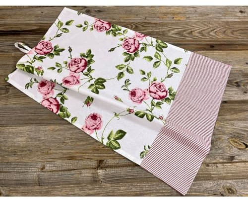 matches21 Hübsches Geschirrtuch DORRIT aus Baumwolle - Geschirrhandtuch im Landhausstil mit Rosen - Schönes Trockentuch für die Küche in weiß rosa 40 x 60 cm