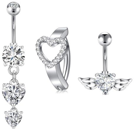 FECTAS 3pcs Bauchnabelpiercing Chirurgenstahl Bauchpiercing Piercing Bauchnabel Schmuck Herz Schmetterling 10mm Silber