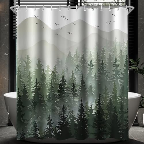 Lerores Duschvorhang 240x200cm, Wald Antischimmel Textil, Beschwerter Saum Wasserabweisend, Waschbar Polyester Stoff Badevorhängen mit 16 Ösen und Duschvorhangringe für Badezimmer, Badewanne