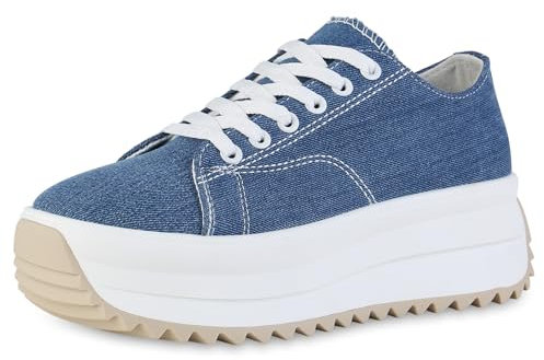 VAN HILL Damen Plateau Sneaker Keilabsatz Plateau Vorne Trendy Schuhe 215220 Dunkelblau Denim 37