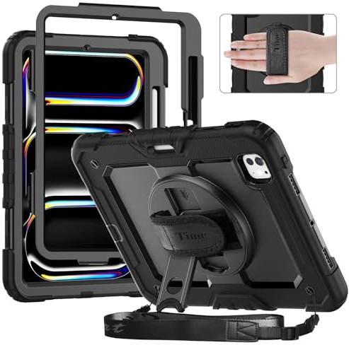 timecity Für iPad Pro 11-Zoll M4 2024 5. Generation Tasche mit Integriertem Bildschirmschutz, 360° Drehbarem Ständer, Verstellbarem Schultergurt, Magnetischer Ladestifthalterung-Schwarz