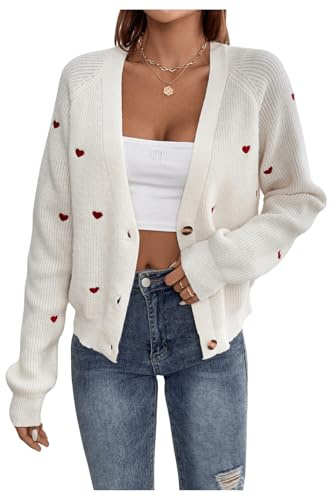 GORGLITTER Damen Cardigan Strickjacke Casual Strickmantel Outwear Pullover Pulli Dünne Jacke Sweater Mantel mit Herz Stickerei