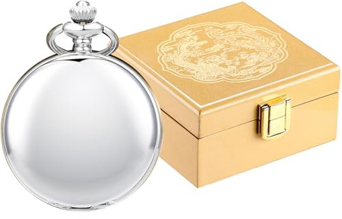 ManChDa Taschenuhr Im Luxus Glossy Holz Geschenk Box - Doppelter Abdeckung Taschenuhr Kette Antikes Skelett Mechanische Hand-Wind Steampunk Römische Ziffern Fob Uhr Für Herren | Gold Box