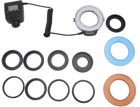 48 Makro-LED-Blitzlicht mit LCD-Display, 4 Beleuchtungsmodi, 7 Helligkeitsstufen, Blitzlicht mit Adapterringen und Blitzdiffusoren für DSLR-Kameras