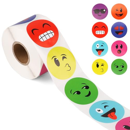 500stk Runde Smiley-Aufkleber, 38mm Klein Happy-Face-Aufkleberrolle Süß Smiley-Belohnungsaufkleber für Anreiztabelle Klassenzimmer Lehrer (8 Stile)