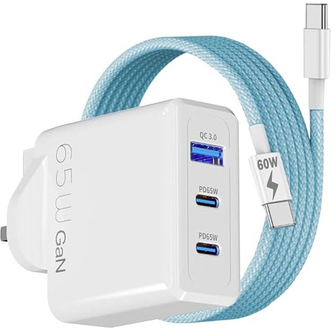 65W Charger For Samsung Galaxy Tab S10 FE Plus Ultra A9 Plus S9 FE Tab S9 FE+ Tab S9 S9+ S9 Ultra Tab S8 Plus Tab S6 Lite Tab S7 A8 A7 A9 Tab USB C Power adapter GaN Fast Tablet Charger Plug (BLUE)