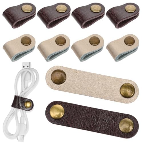 10 PCS Leather Cord Organizer Straps, Leather Cable Straps, Earphone Cord Holder, Snap Cord Holder for Earphone Wrap, Cable Straps, Headset