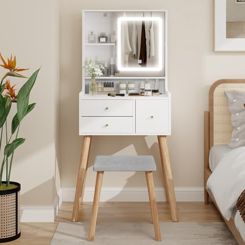 Fullwatt Schminktisch mit LED-Beleuchtung, Frisiertisch mit Spiegel und Hocker, 3 Farben mit Einstellbarer Helligkeit, Kosmetiktisch mit Schiebespiegel, mit 2 Schubladen und 3 Offenen Fächern, Modern