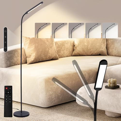 Homefire Stehlampe LED Standleuchte Wohnzimmer - Dimmbar Modern Standleuchte Schwarz 5 Farben und 5 Helligkeitsstufen 11W 360° Flexibler Schwanenhals Leselampe mit Fernbedienung für Schlafzimmer Büro