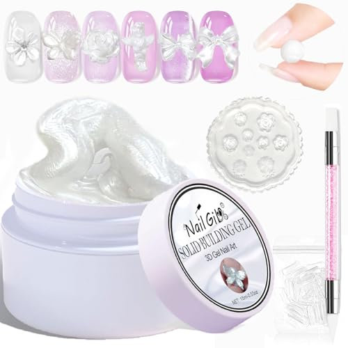 NAILGIL Solid Builder Gel- Fester Builder Gel für Nagellack, Solid Nail Glue Gel 3D Nagelskulptur Gel with Tool Set Salon DIY zu Hause, perlweiß 15g