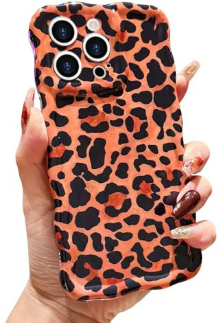 LAPOPNUT For iPhone 15 Pro Max Case,Animal Print Curly Wave Frame Soft TPU Case for Women Girls,Shockproof Protection Cool Leopard Pattern Phone Cover for Apple iPhone 15 Pro Max 6.7,Brown
