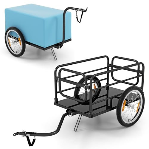COSTWAY Remorque de Vélo avec Cadre Pliable Charge 55 kg, Chariot pour Vélo avec Housse en Tissu Oxford Roues à Air de 40 cm Réflecteurs, pour Camping Courses Randonnée