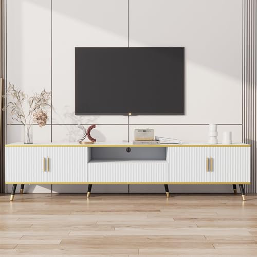 Meuble TV Luxe Moderne Aspect Marbre, Lowboard 200x40x46 cm, Commode TV pour Téléviseurs jusqu'à 90 pouces, Banc TV Blanc avec un Tiroir, un Compartiment Ouvert et deux Portes, Décoration Dorée