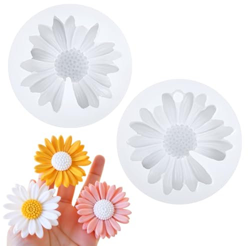 Ptwola Lot de 2 moules en silicone en forme de marguerite en résine pour bougies, décorations 3D en forme de chrysanthème pour fondant, chocolat, gâteau, cupcakes, bonbons, chocolat, sucre, savon