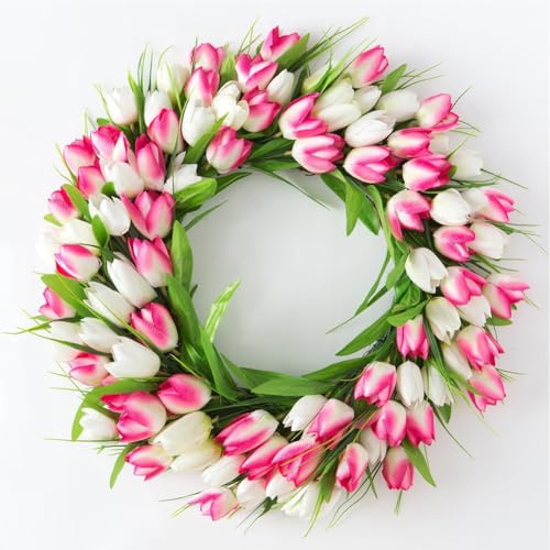 JOYWU Tulips Wreath for Front Door,45cm Artificial Pink Wreath with Tulip,Leaves and Bow,Spring,Summer Tulips Floral Wreaths,Spring Summer Door Decor,Artificial Flowers Wreaths (40cm-pink)