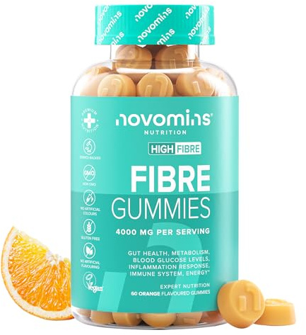 Ballaststoffe Gummis | 4000 mg Inulin | 60 Gummibärchen | Novomins | Vitamin D2, B12, Chrom | Alternative zu Inulin Pulver & Ballaststoffe Pulver | Vegan & Glutenfrei | Unterstützt Verdauung