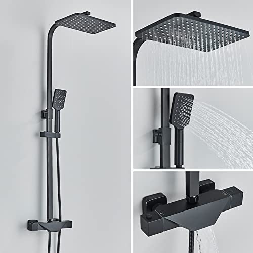 WDSOPK Shower Faucet Thermostatic Bathroom Shower Mixer Tap Rainfall 8 Inch Shower Set Thermostat Bath Shower Tap,Chrome A（Ensemble De Douche Noir C）