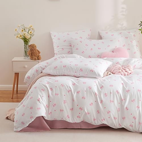 Covebett Housse de Couette 200x200 Blanc Rose Nœud Papillon Cœur Romantique Parure de Lit Adulte 2 Personnes Kawaii Microfibre Lavé Linge de lit avec Fermeture Éclair et 2 Taies d'oreiller 65x65cm