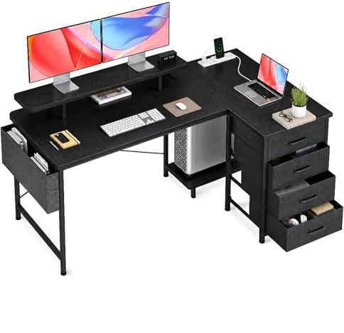 Claiks Bureau d'angle avec 4 Tiroirs,140x80x75 cm Bureau en L avec Prises de Courant et Ports de Charge USB, Table avec Support d'écran und Poche de Rangement latérale pour dans Un Grand Bureau, Noir