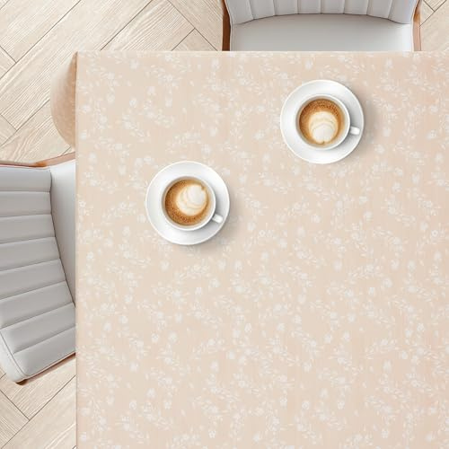 KP HOME Beige PVC Table Cloth Wipe Clean Plastic Table Cover with Classic White Vintage Flowers - Rectangular 78.7x55.1” / 200x140cm Wipeable Tablecloth Oilcloth Waterproof with Skin Feel Touch Vinyl