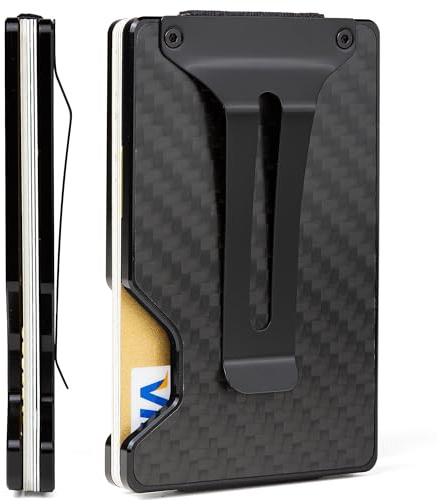 FIRDIKT Carbon Fiber Minimalist Wallet for Men, Slim Metal RFID Blocking Wallet Credit Card Holder Money Clip & Cash Strap, Scratch-Resistant Holds 15 Cards,Ideal Gift for Men | Matte Carbon Fiber